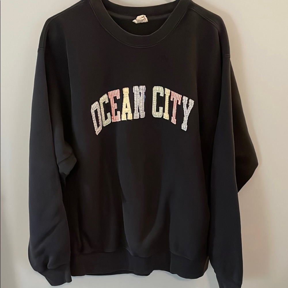 Vintage MV SPORT pro weave Ocean City NAVY SWEATSHIRT nautical beach large